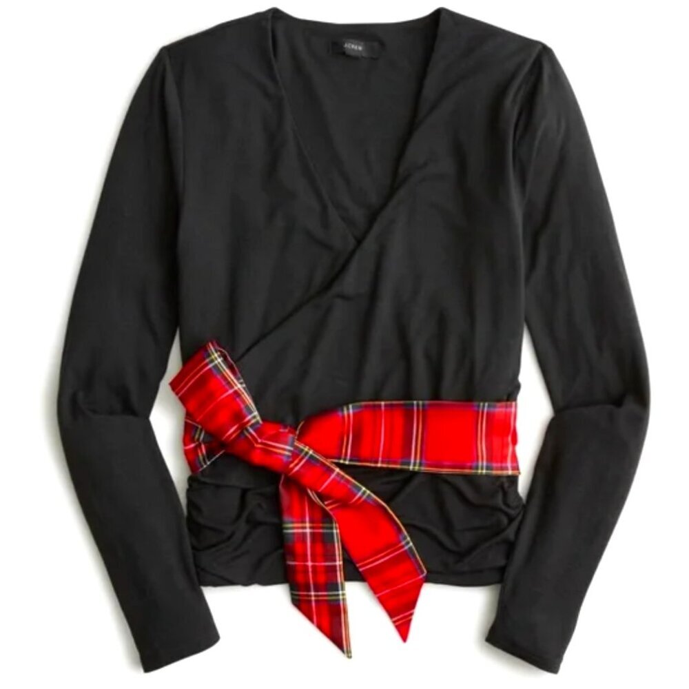 J.CREW Long Sleeve Wrap Tartan PLAID RIBBON Top Black red XS NWT